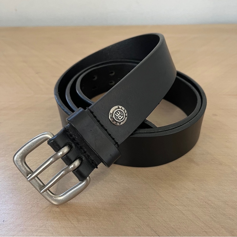 Perry Ellis Black Full Grain Cowhide Leather Belt Double Prong Brass Buckle 44